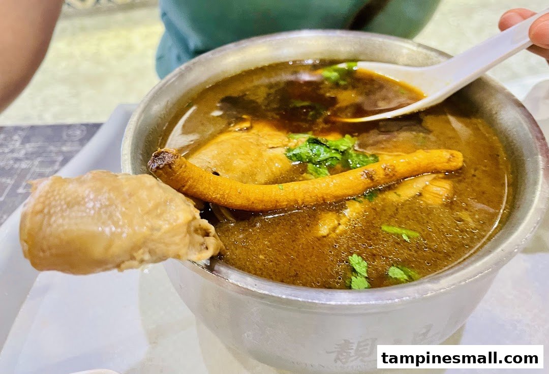 A close-up of a hearty bowl of herbal chicken soup with a chicken leg and a long root.