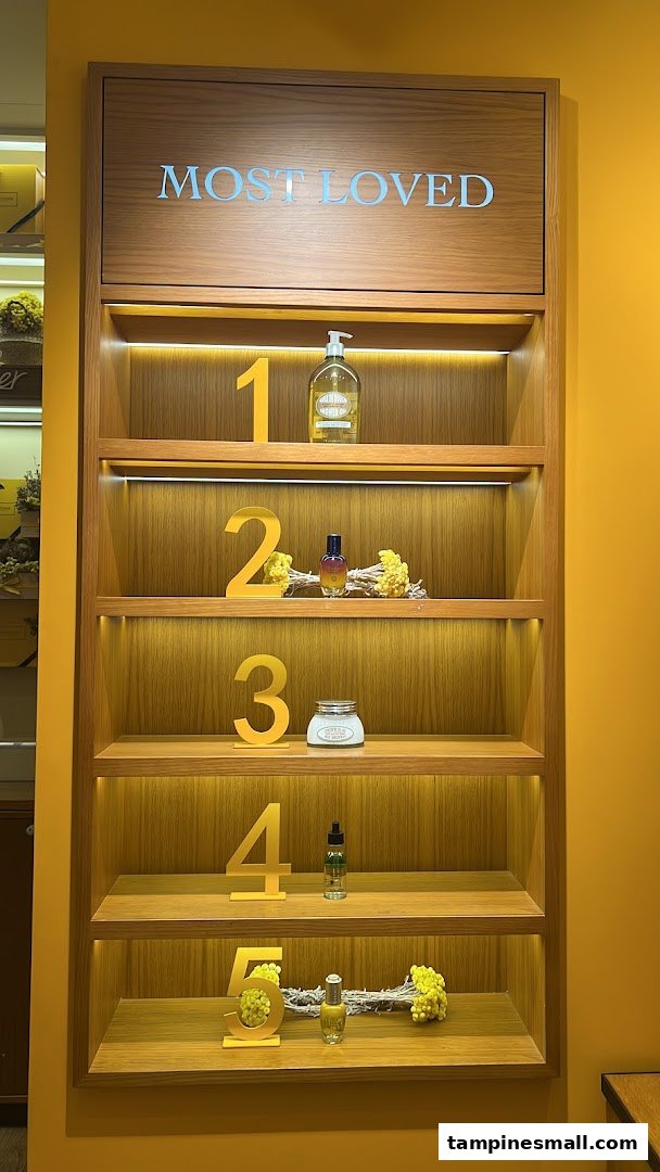 A wooden display shelf showcasing L'Occitane's 'Most Loved' products, numbered 1 to 5.