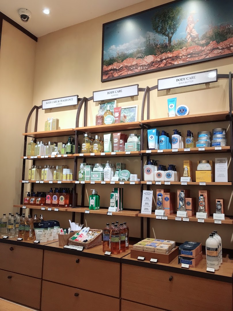 Interior view of L'Occitane showcasing a wide array of natural body care and fragrance products on wooden shelves.