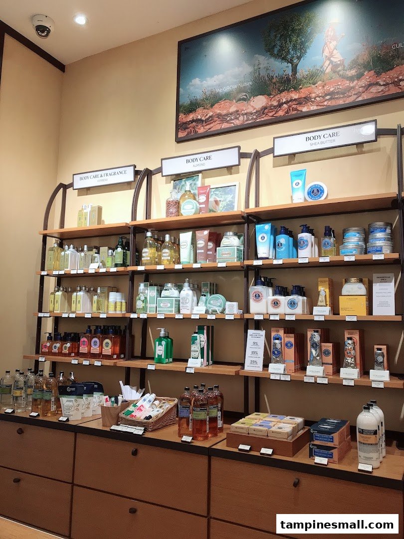 Interior view of L'Occitane showcasing a wide array of natural body care and fragrance products on wooden shelves.