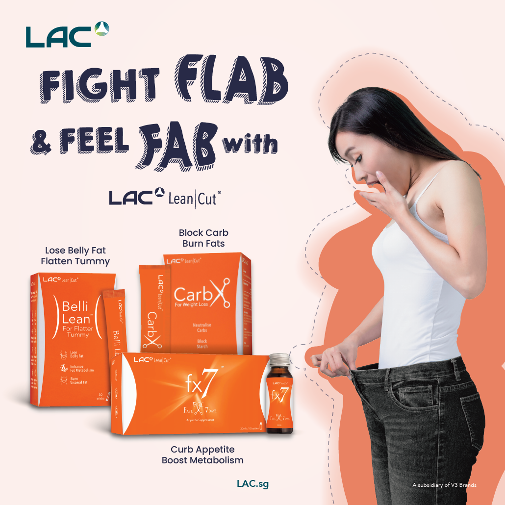 An advertisement for LAC Lean Cut weight management products featuring a woman in loose jeans and product boxes.