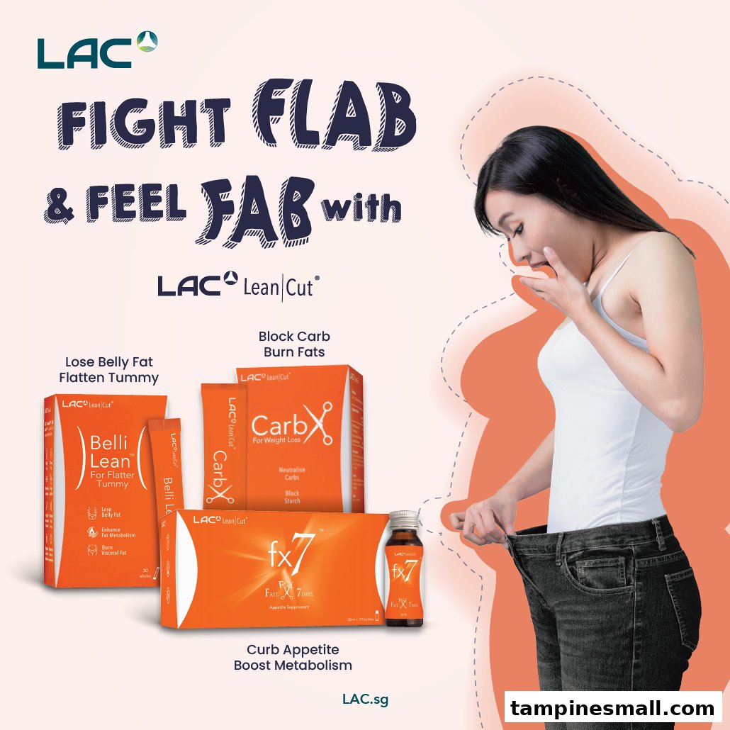 An advertisement for LAC Lean Cut weight management products featuring a woman in loose jeans and product boxes.