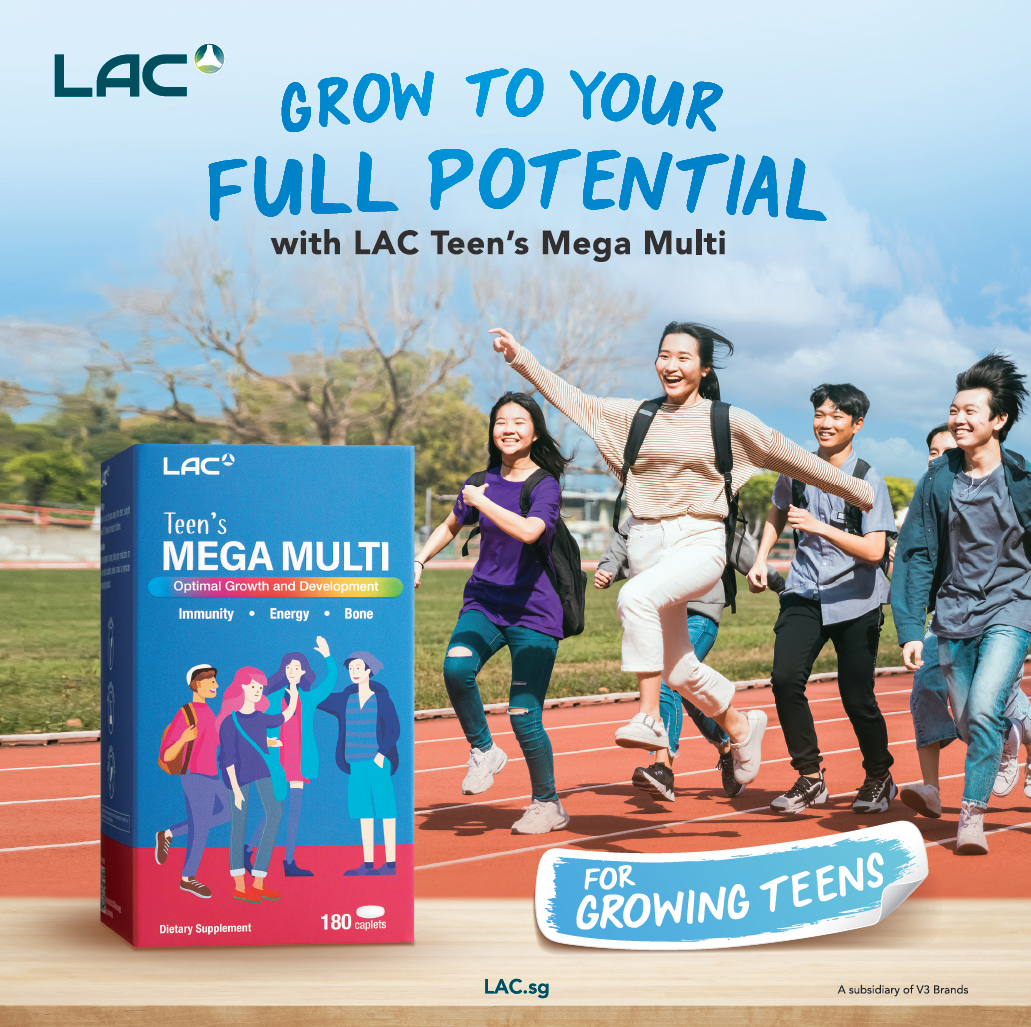 LAC Teen's Mega Multi product box with energetic teenagers running on a track, promoting optimal growth.