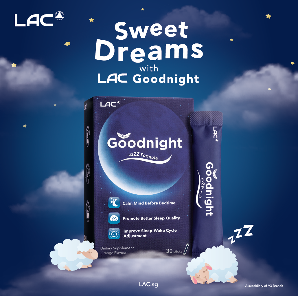 Image features LAC Goodnight zzzZ Formula dietary supplement packaging and sachet, promoting better sleep.