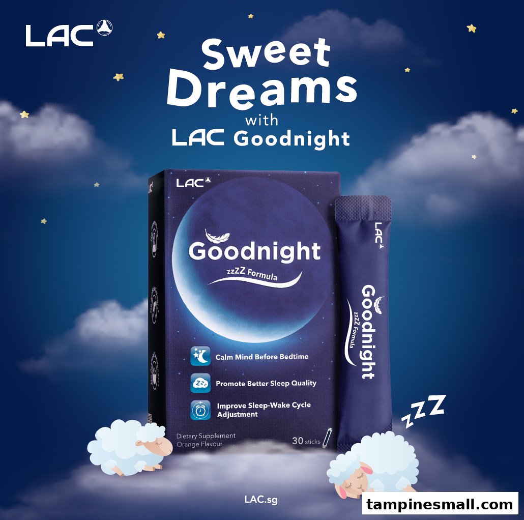 Image features LAC Goodnight zzzZ Formula dietary supplement packaging and sachet, promoting better sleep.