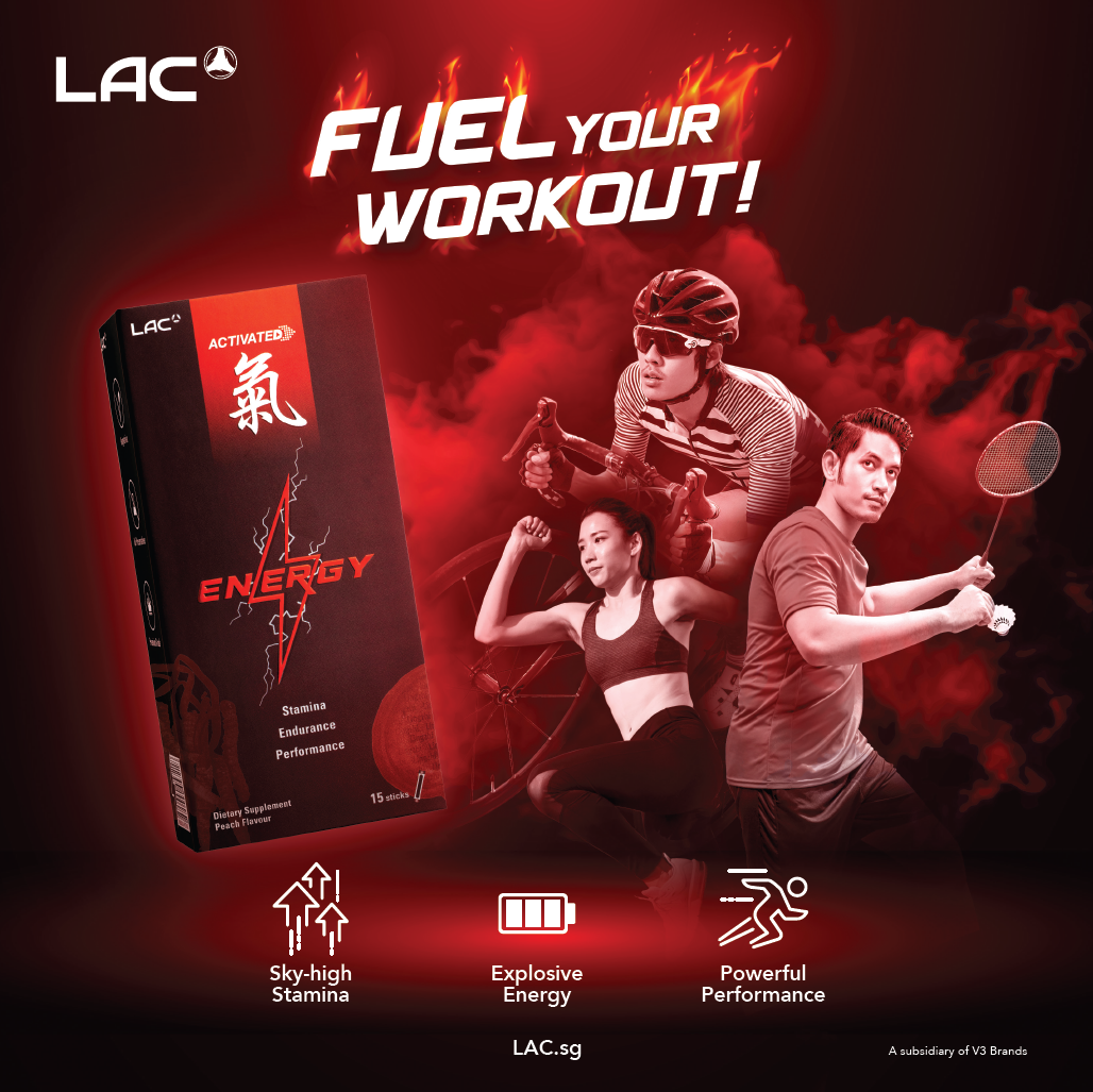 LAC Activated Energy supplement box with athletes, promoting stamina, endurance, and performance for workouts.