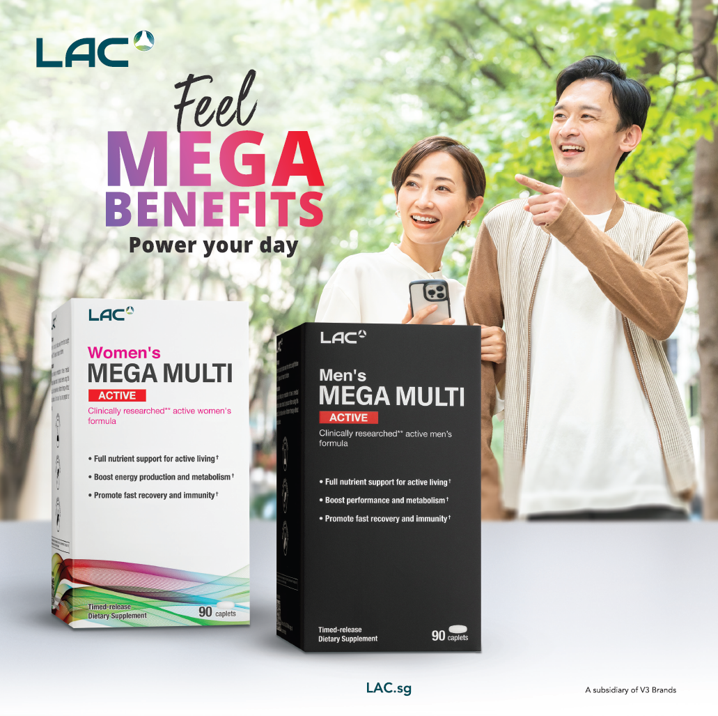 Image showcasing LAC Women's and Men's Mega Multi supplements with models, promoting active living and vitality.