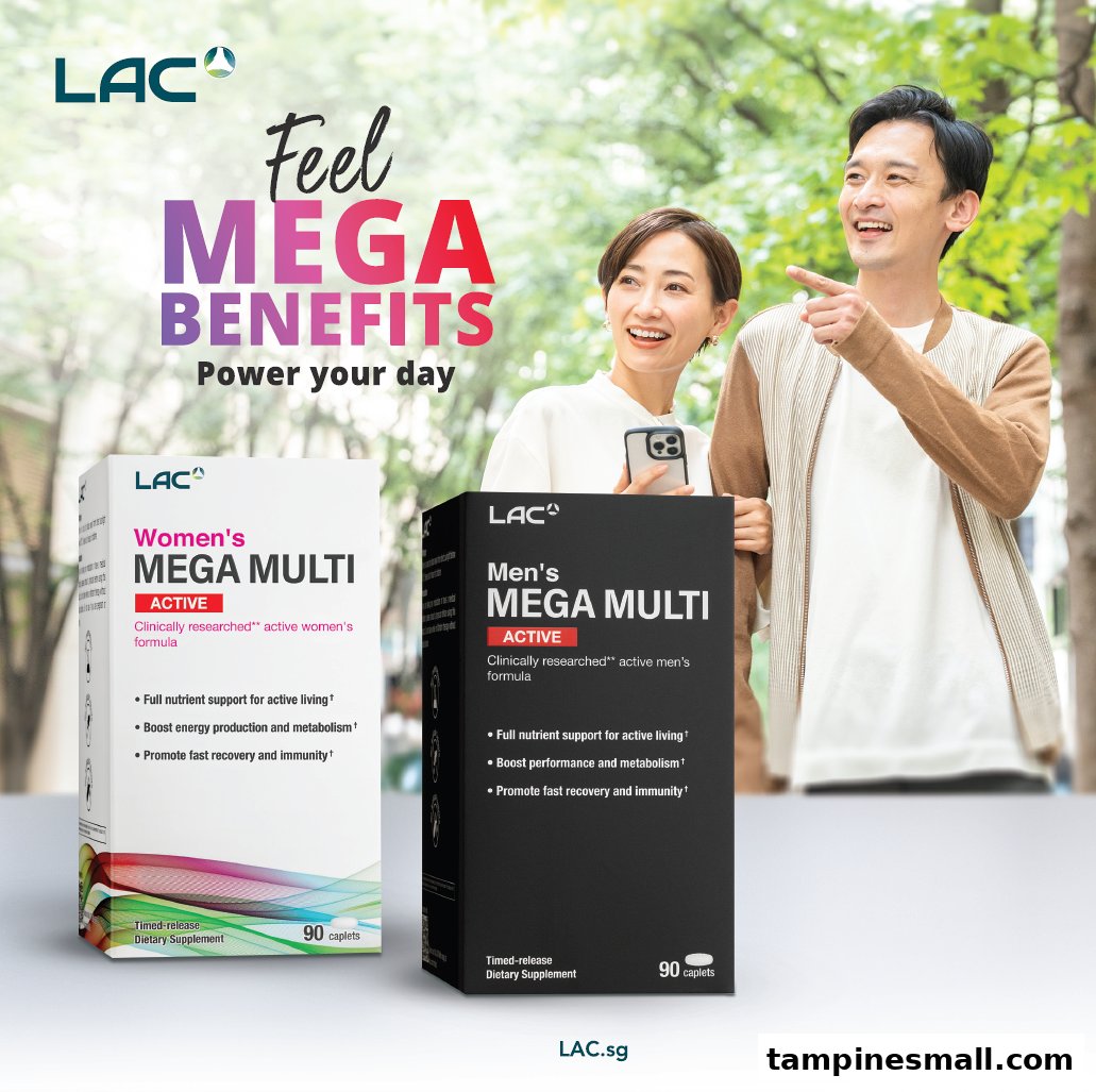Image showcasing LAC Women's and Men's Mega Multi supplements with models, promoting active living and vitality.