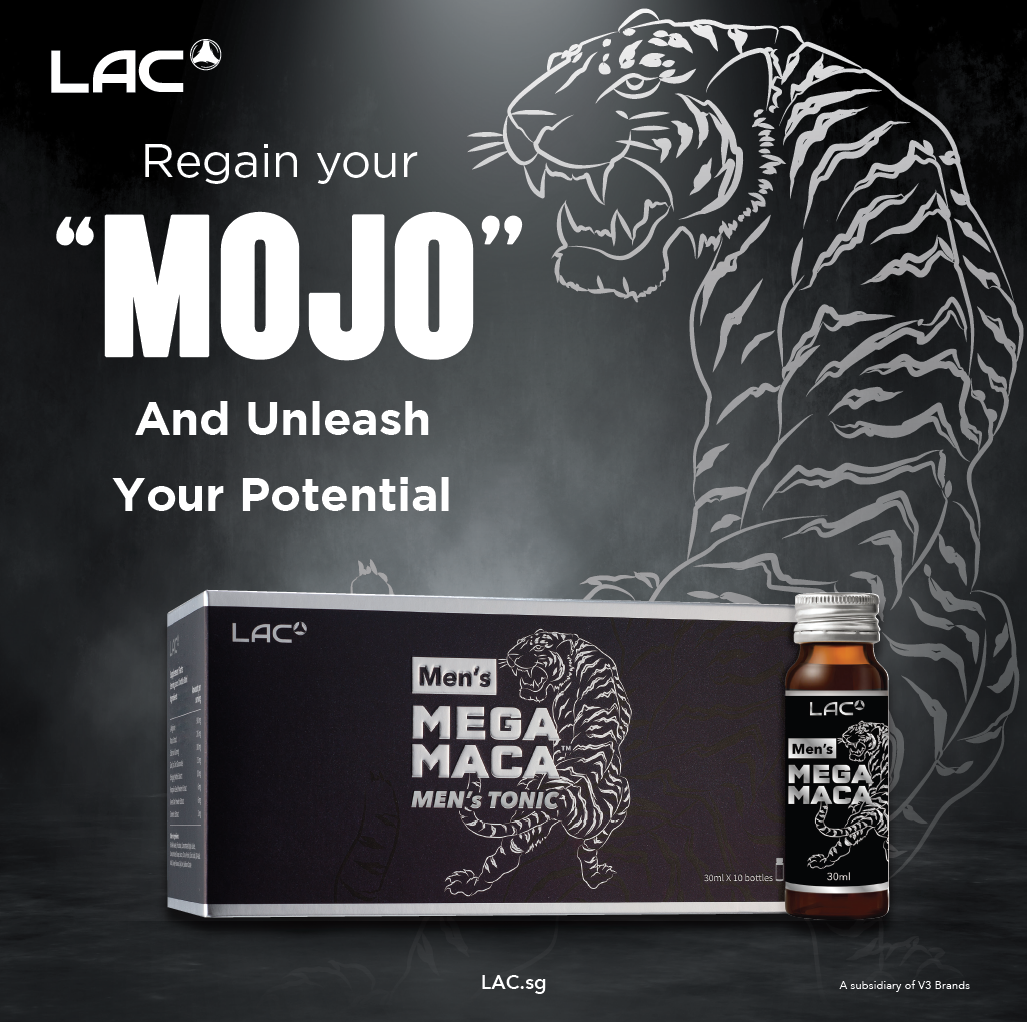 An advertisement for LAC Men's Mega Maca tonic, featuring a tiger graphic and motivational text.