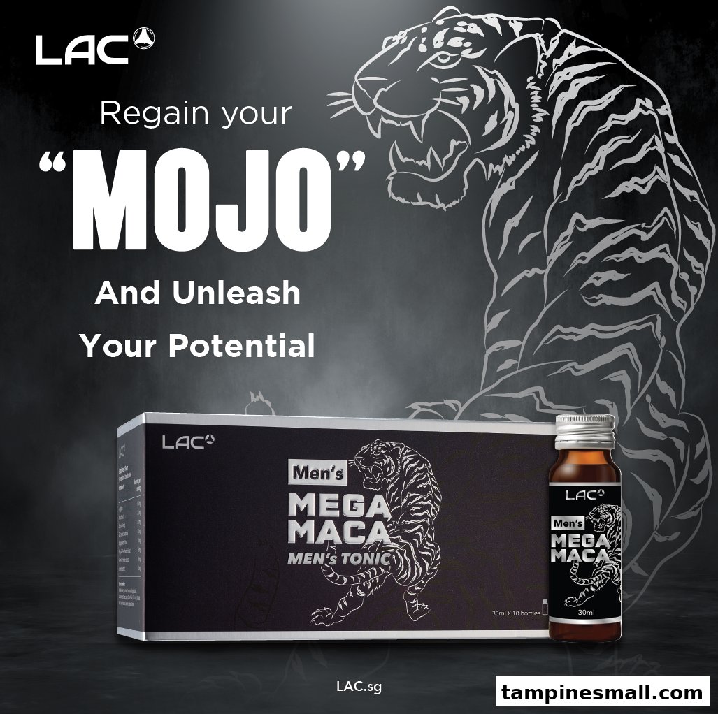 An advertisement for LAC Men's Mega Maca tonic, featuring a tiger graphic and motivational text.