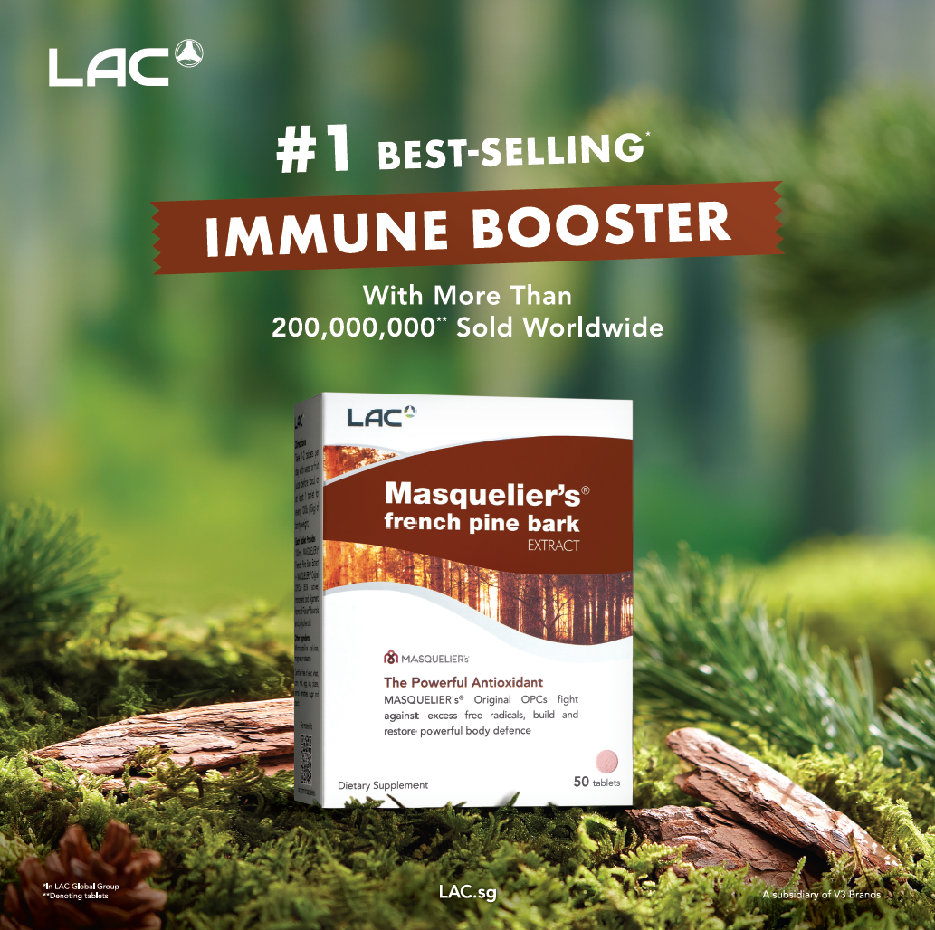 An LAC Masquelier's French Pine Bark supplement box is displayed on mossy ground, highlighting its immune-boosting properties.