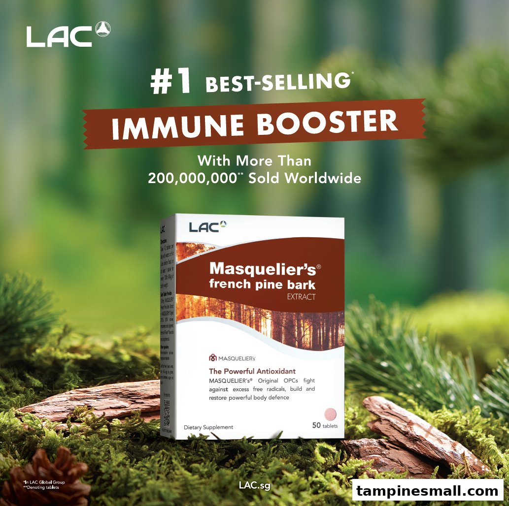 An LAC Masquelier's French Pine Bark supplement box is displayed on mossy ground, highlighting its immune-boosting properties.