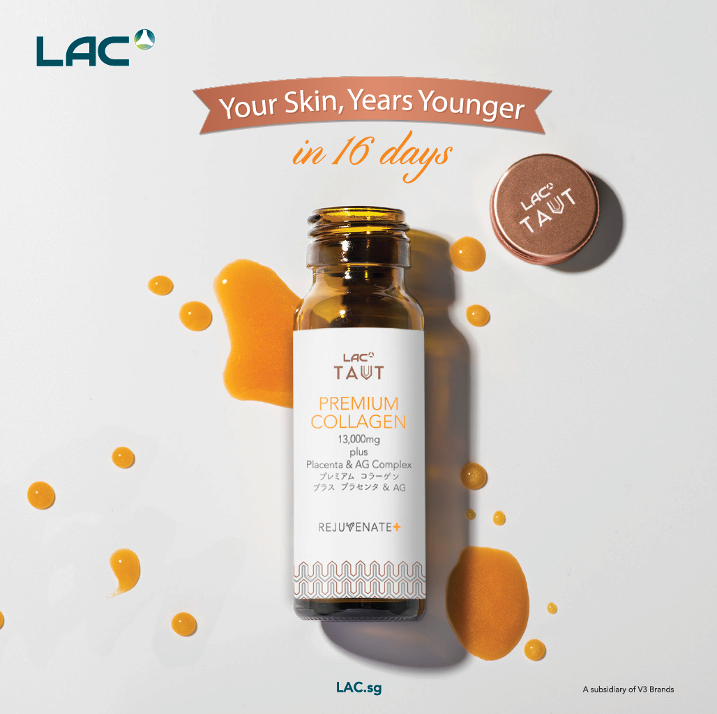 A bottle of LAC TAUT Premium Collagen drink with liquid spills, promoting skin rejuvenation in 16 days.