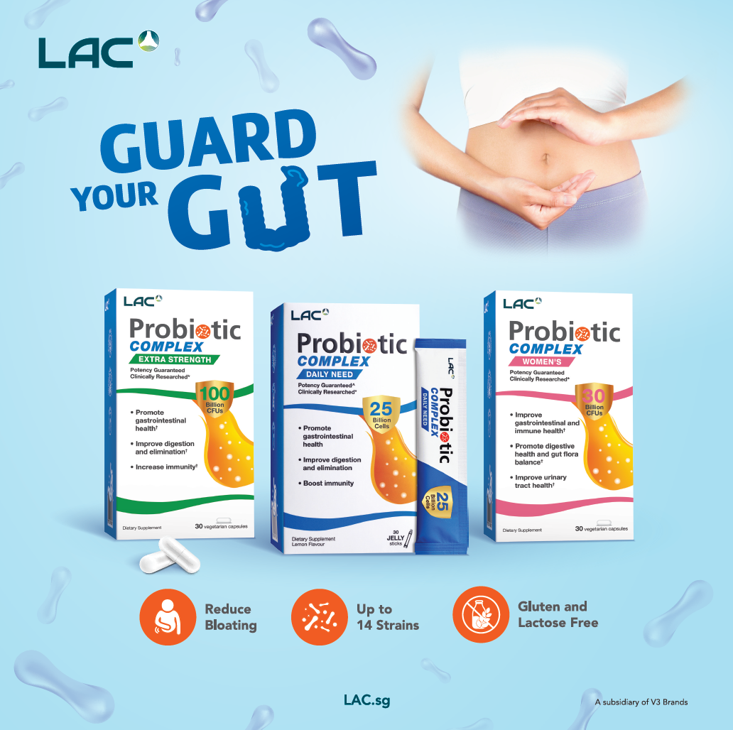 An advertisement showcasing LAC Probiotic Complex products for gut health, featuring various formulations.