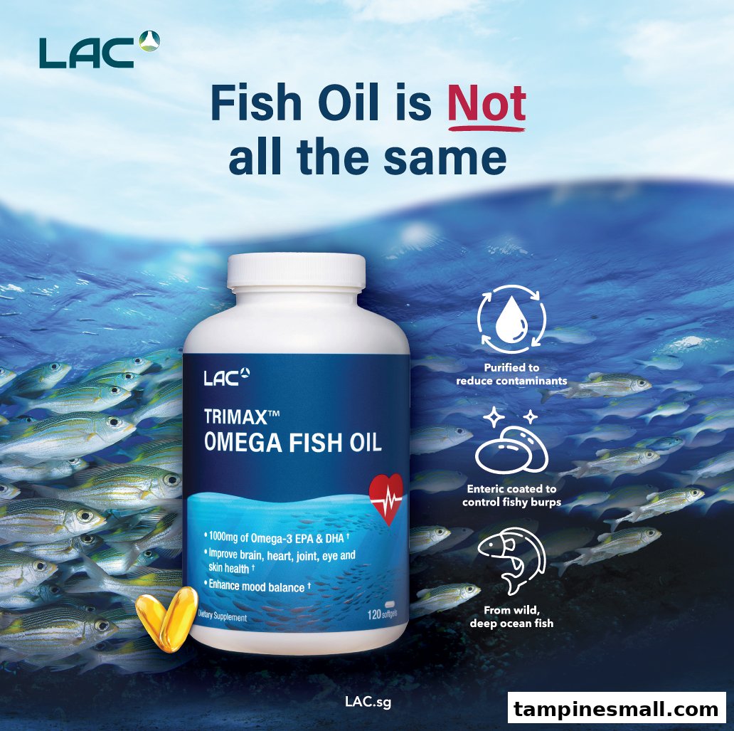 A bottle of LAC Trimax Omega Fish Oil is displayed against an underwater scene with fish.