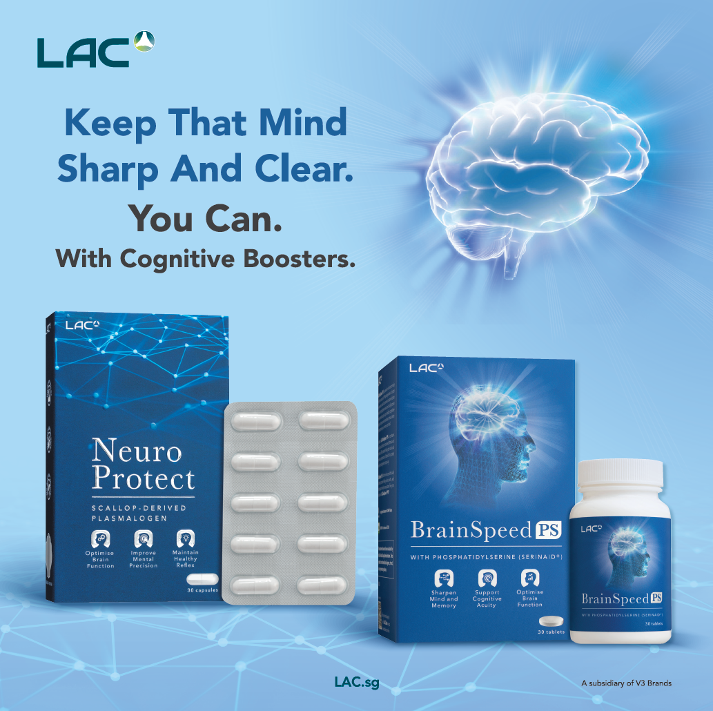 Image displays LAC Neuro Protect and BrainSpeed PS products with text promoting cognitive health.