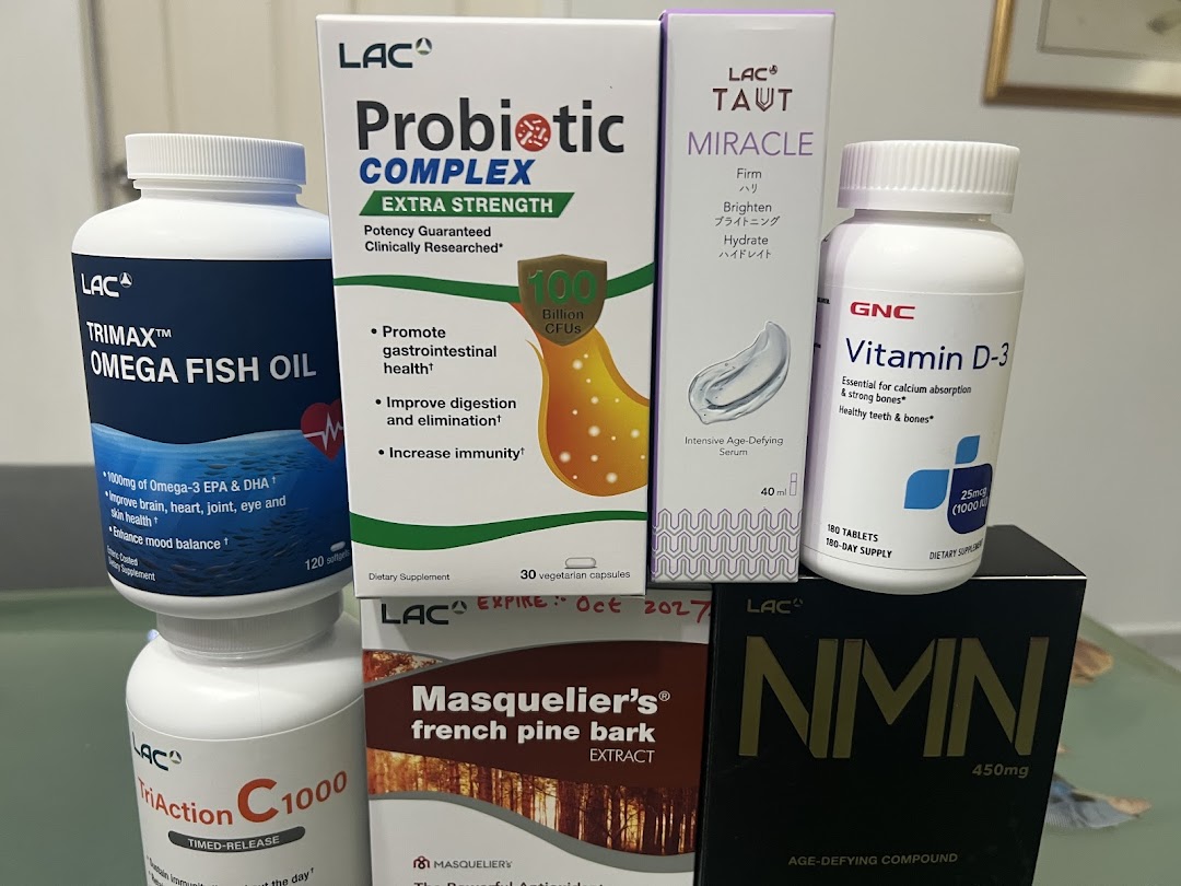 A collection of LAC and GNC health supplements and skincare products, including fish oil, probiotics, and vitamins.