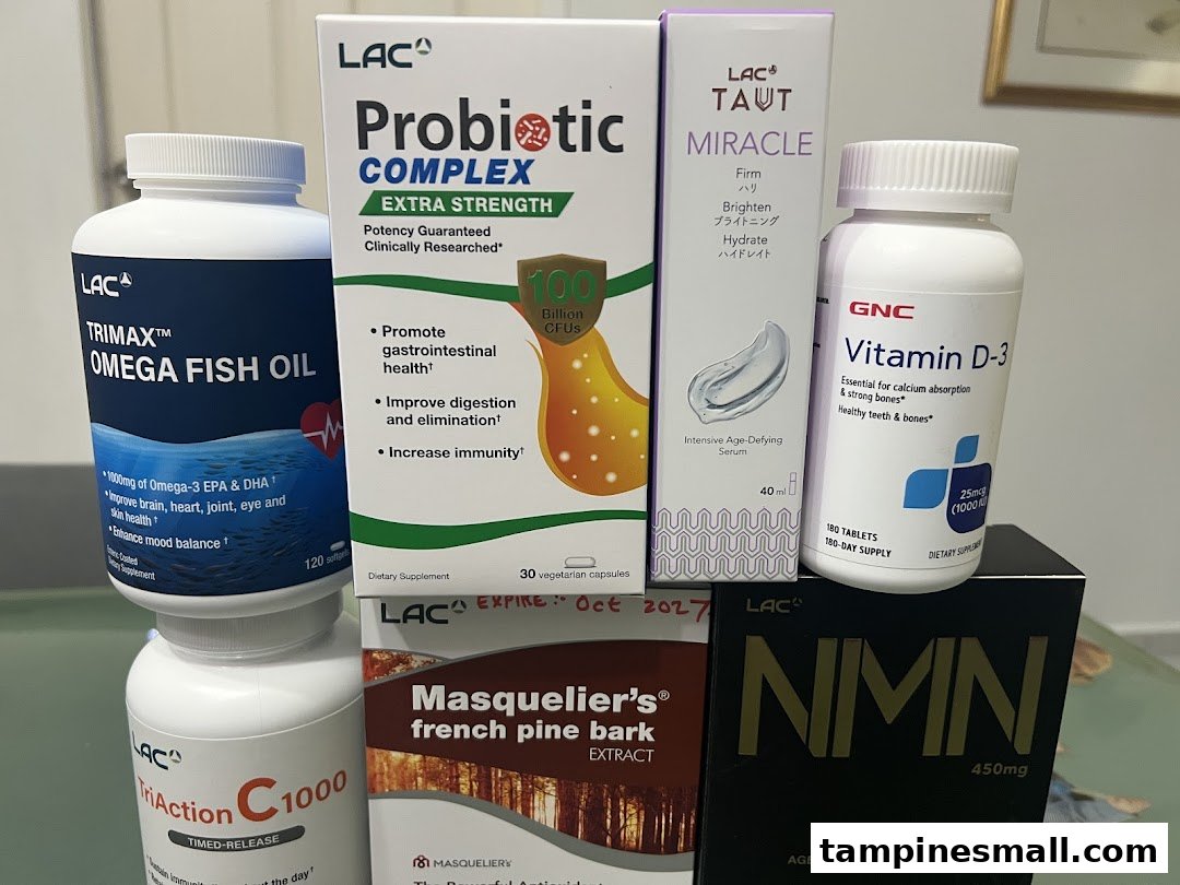 A collection of LAC and GNC health supplements and skincare products, including fish oil, probiotics, and vitamins.