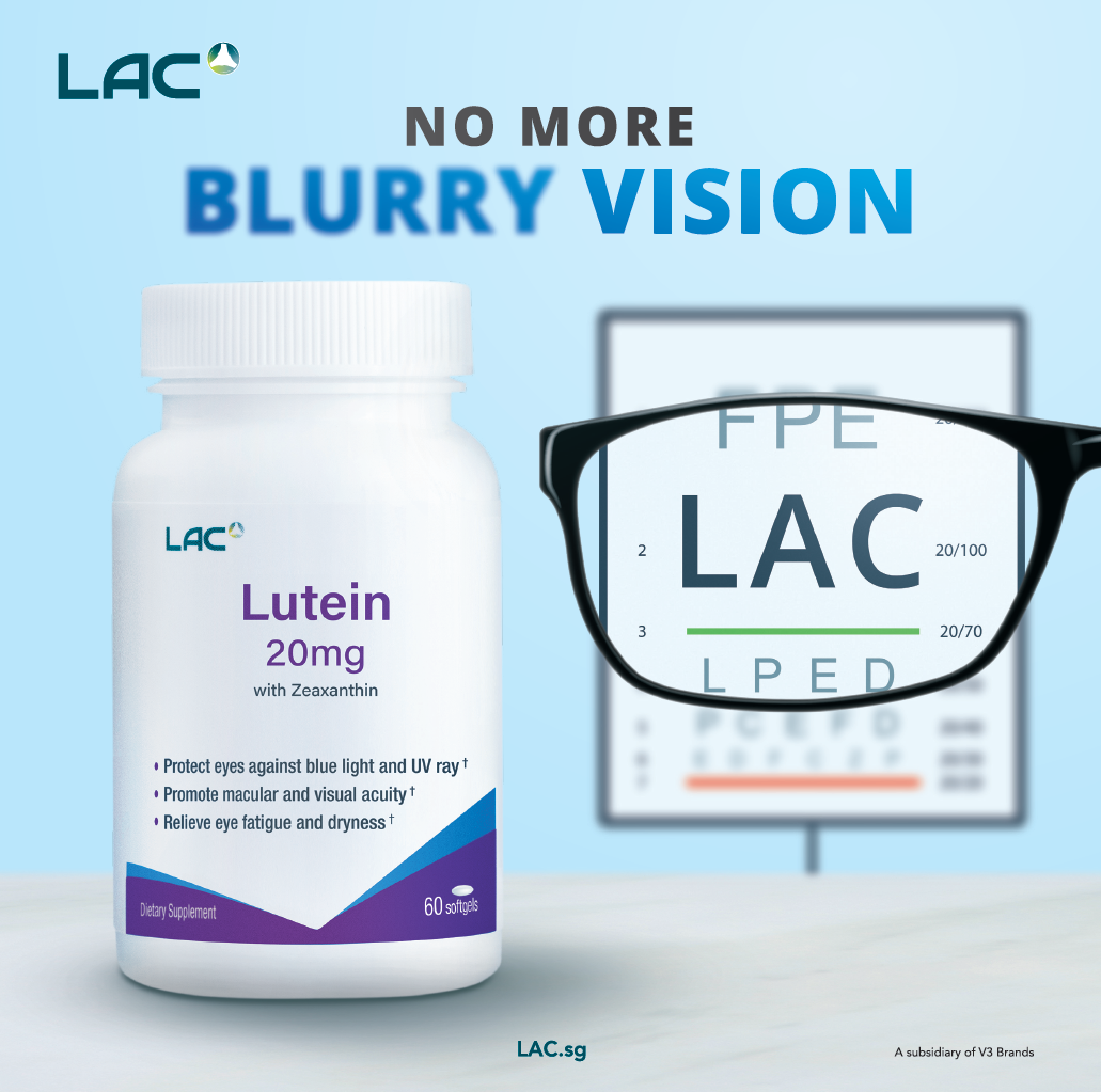 An LAC Lutein supplement bottle with text 'No More Blurry Vision' and an eye chart seen through glasses.