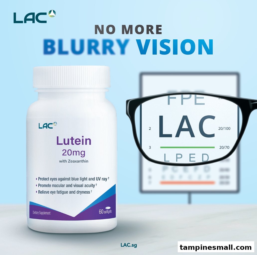 An LAC Lutein supplement bottle with text 'No More Blurry Vision' and an eye chart seen through glasses.