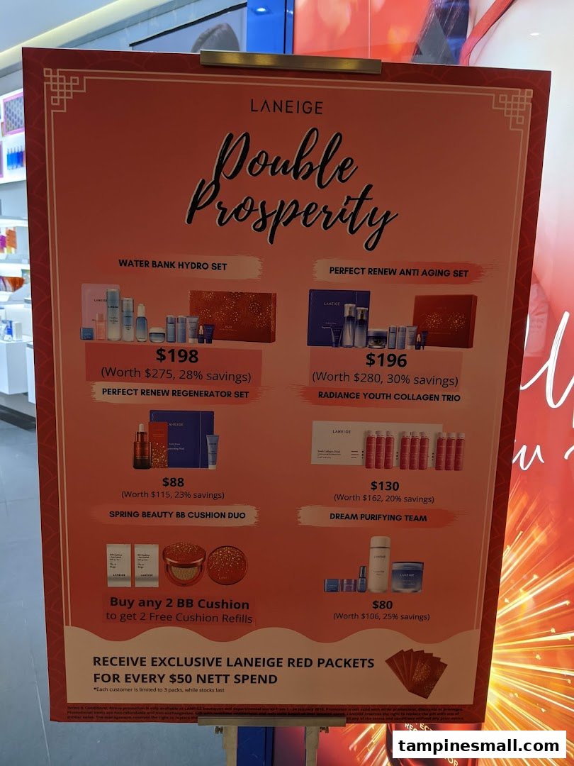 A promotional stand for Laneige, showcasing 'Double Prosperity' skincare sets and special offers.