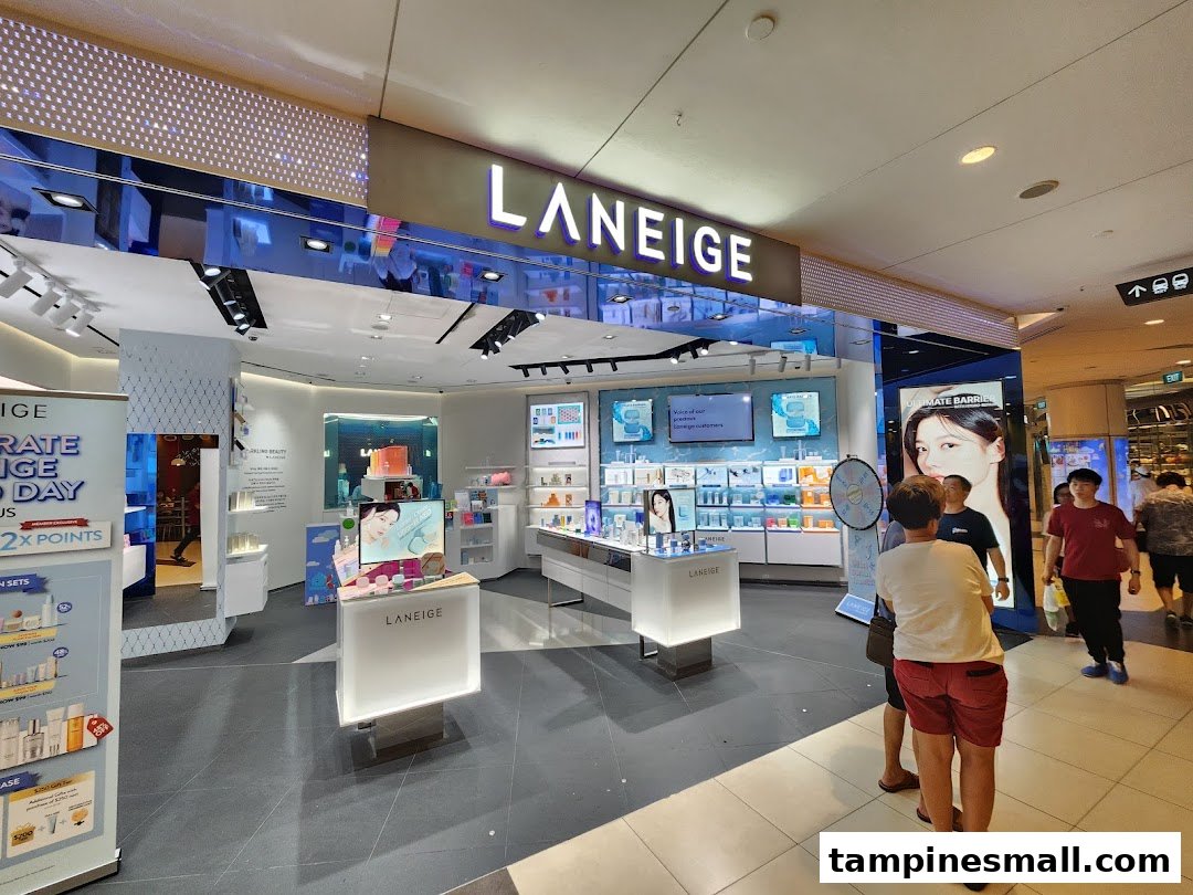 The brightly lit entrance of a Laneige beauty store, showcasing product displays and inviting customers inside.