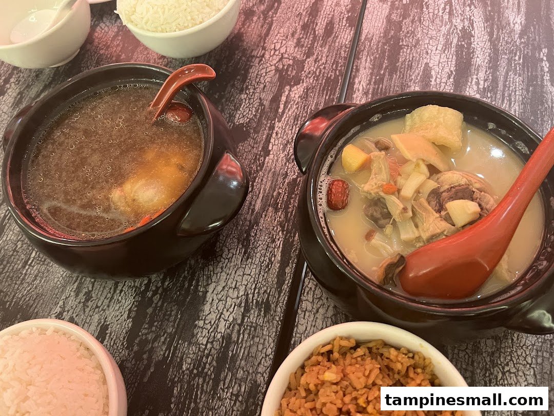 Two bowls of traditional Chinese soups or stews with rice, served on a rustic wooden table.