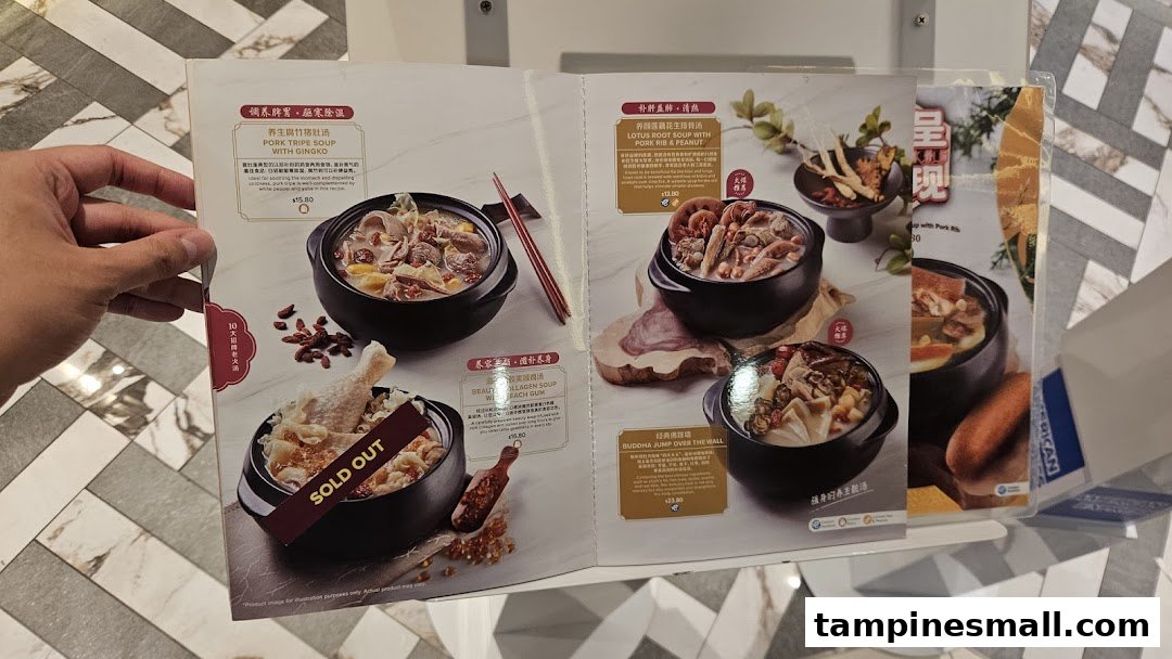 A detailed menu displaying various traditional Chinese soups with descriptions and prices, including a 'sold out' item.