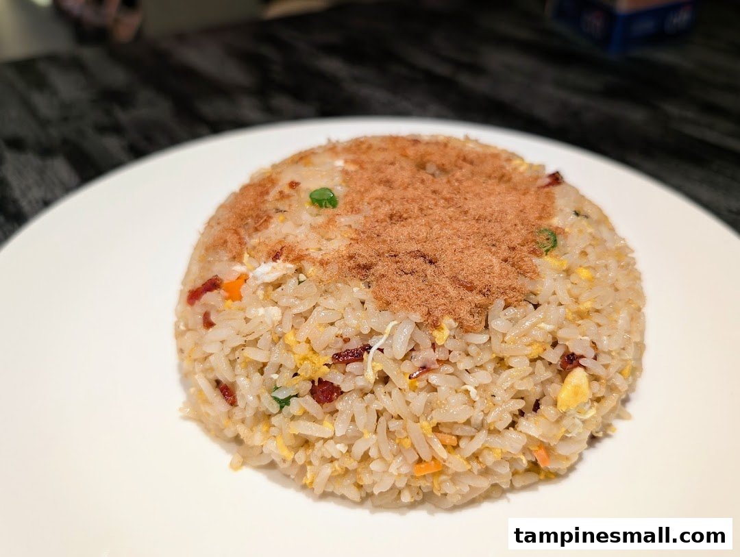 A close-up of delicious fried rice topped with savory meat floss on a white plate.