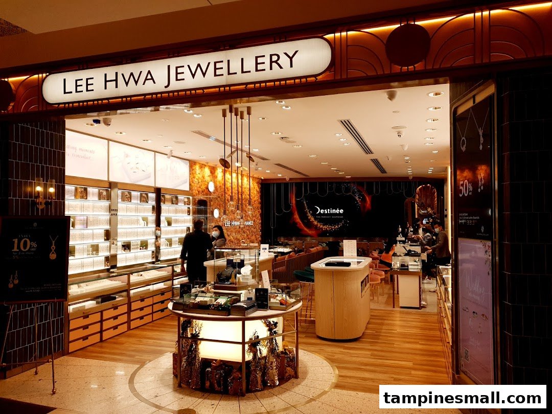 The brightly lit entrance of Lee Hwa Jewellery, showcasing its luxurious interior and sparkling display cases.