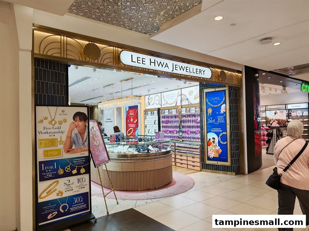 The image shows the elegant storefront and inviting interior of Lee Hwa Jewellery, featuring sparkling displays.