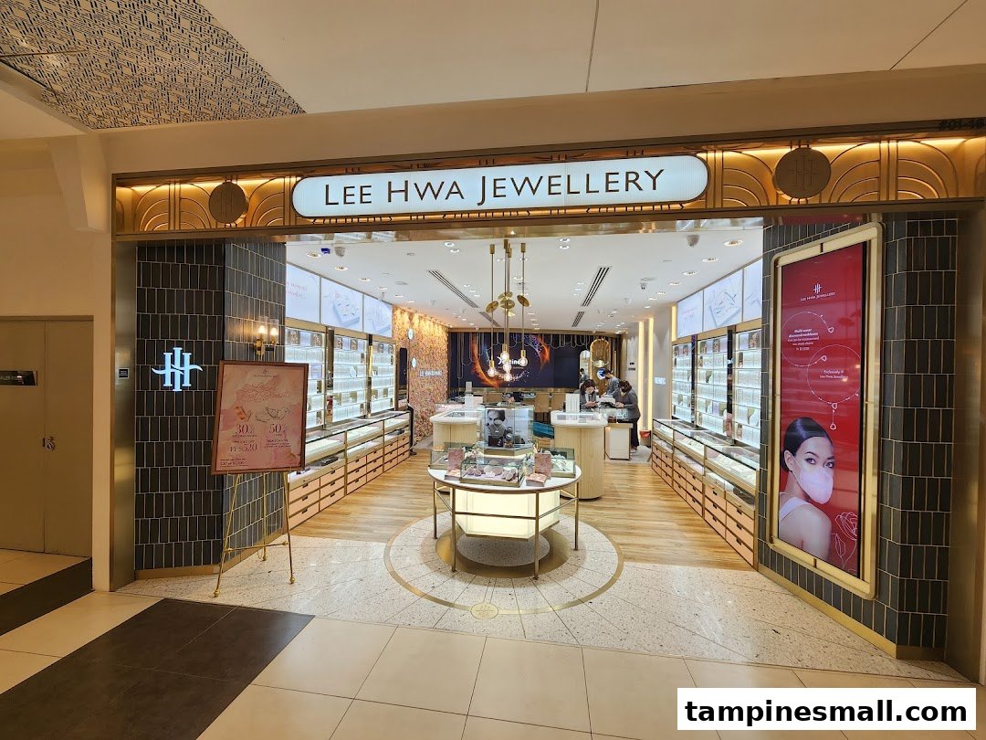The image shows the inviting entrance and elegant interior of Lee Hwa Jewellery, featuring display cases and modern decor.