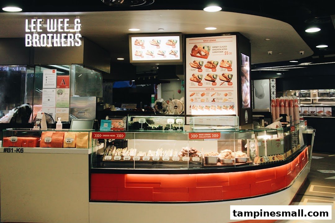 An interior view of Lee Wee Brothers, showcasing their Nasi Lemak menu and food display counter.
