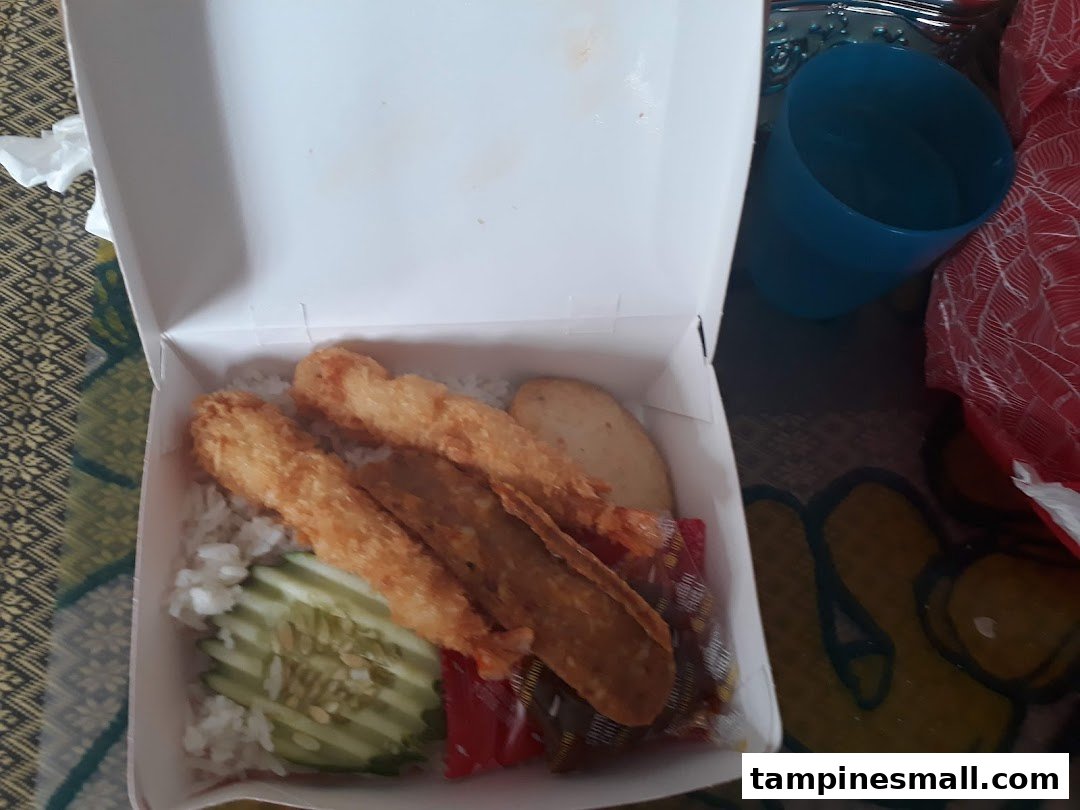 A takeaway box from Lee Wee Brothers featuring rice, fried prawns, fishcake, cucumber, and sauce.