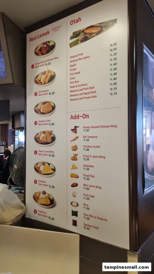 A detailed menu board showcasing Nasi Lemak, Otah, and various add-on options with prices.