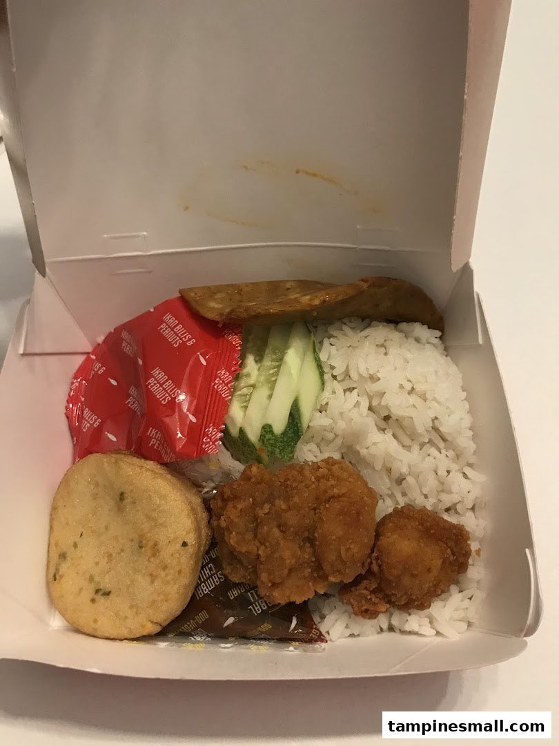 A takeaway box featuring a Nasi Lemak meal with rice, fried chicken, fishcake, cucumber, and condiments.