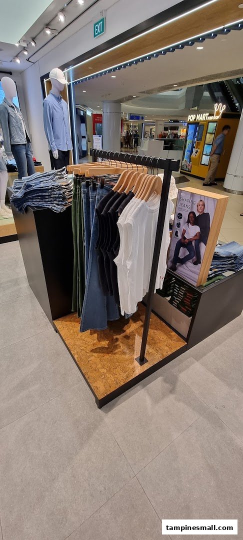Interior view of Levi's store, showcasing denim jeans, apparel displays, and mannequins.