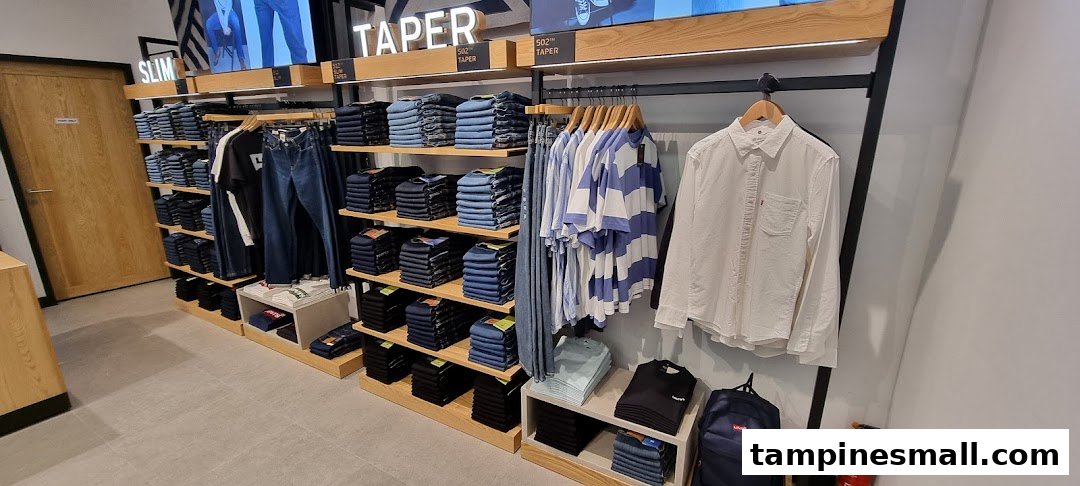Interior view of a Levi's store showcasing neatly folded jeans, shirts, and accessories on display.