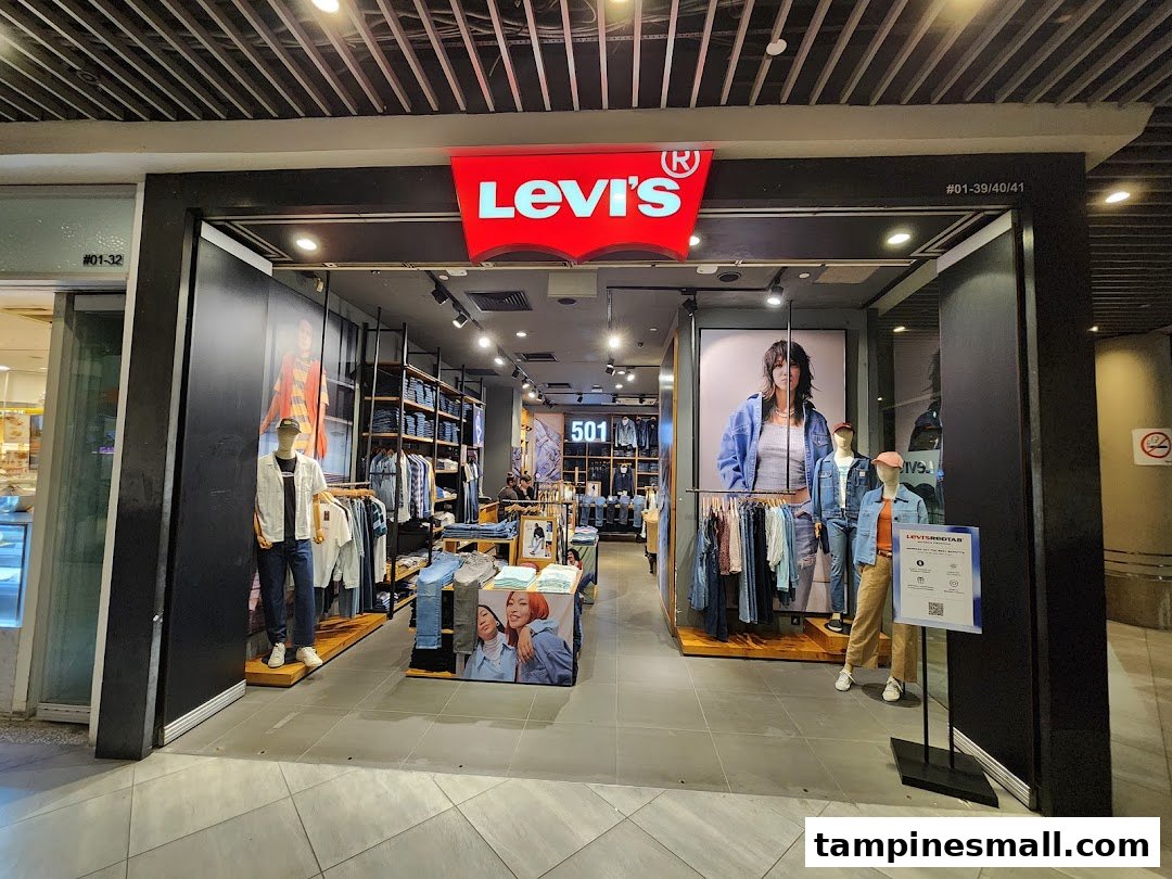The image displays the well-lit entrance of a Levi's store, showcasing denim apparel and mannequins.