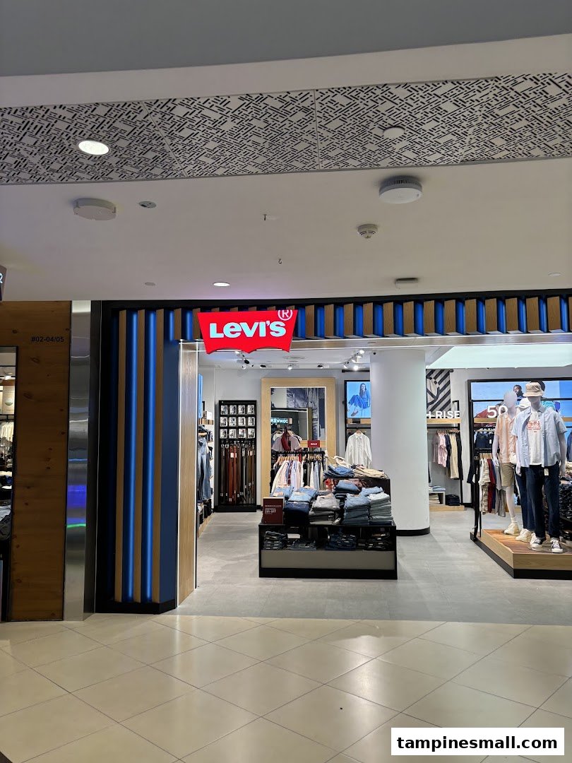 The Levi's store entrance at Tampines Mall, showcasing denim and apparel displays.