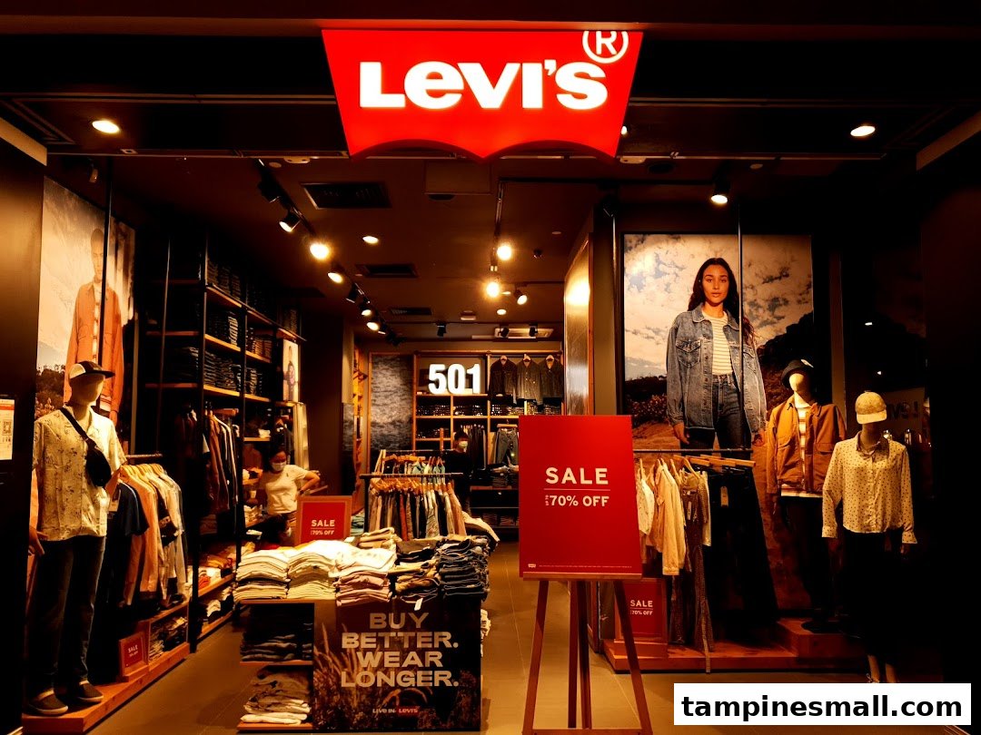 Interior view of Levi's Tampines Mall, showcasing denim apparel, mannequins, and a prominent sale sign.