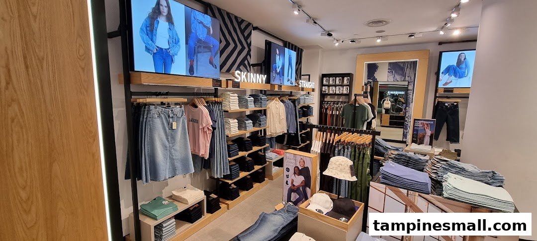 Interior view of a Levi's store showcasing denim apparel, displays, and digital screens.