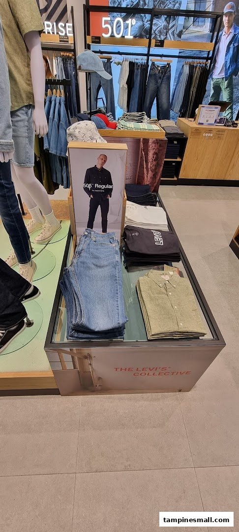 Interior view of Levi's store showcasing denim, apparel displays, and promotional signage.