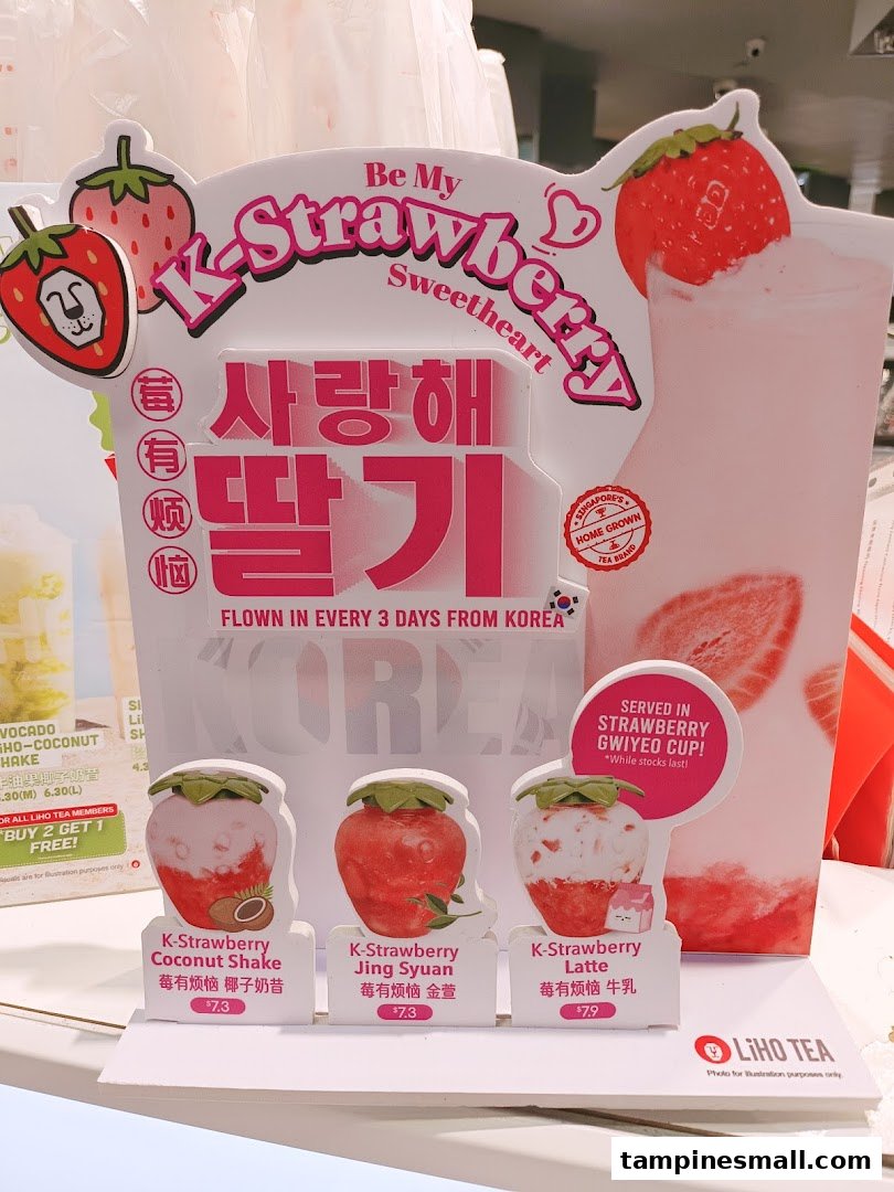 A promotional display showcasing LiHO TEA's K-Strawberry drink series with prices and details.