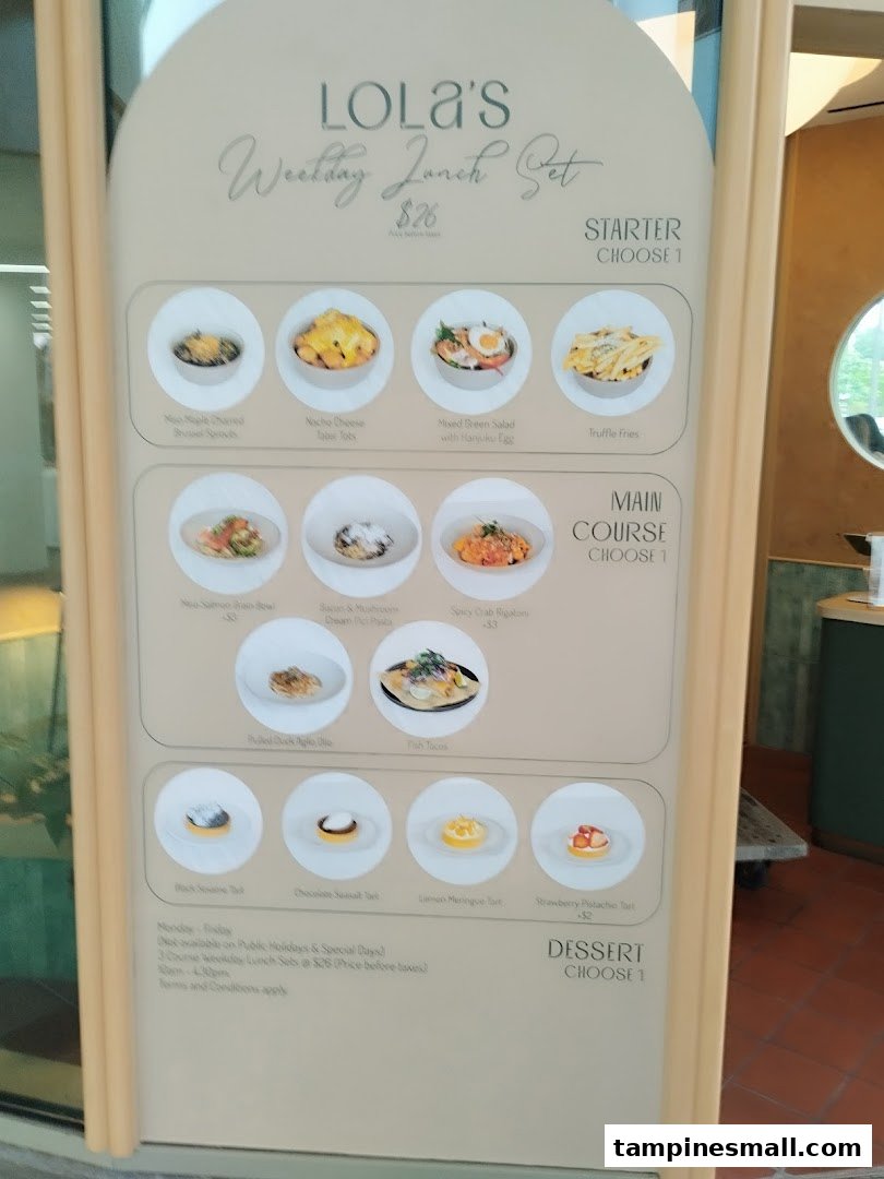 A menu board for Lola's featuring their Weekday Lunch Set with starters, main courses, and desserts.