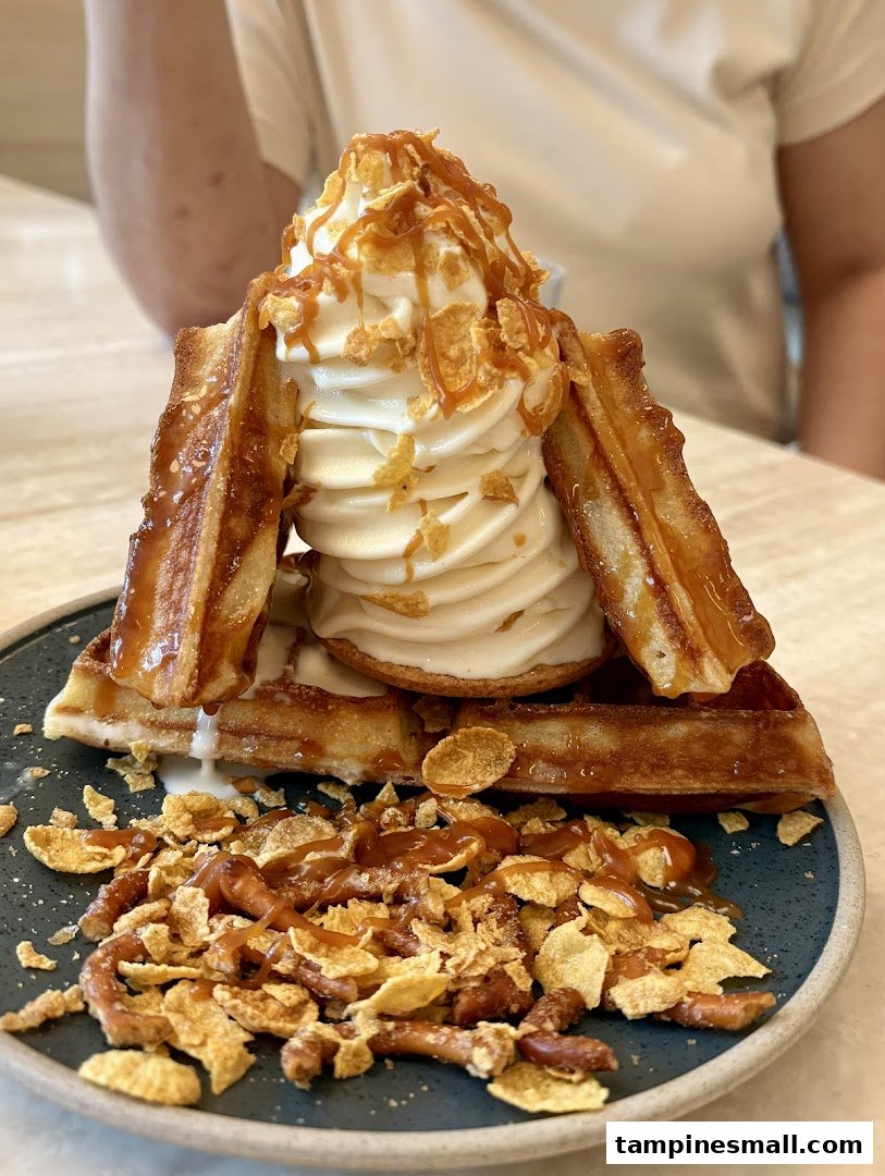 A decadent dessert featuring soft-serve ice cream, waffles, caramel, cornflakes, and pretzels on a plate.