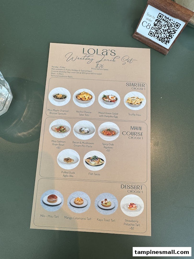 A detailed menu for Lola's Weekday Lunch Set, featuring starters, main courses, and desserts.
