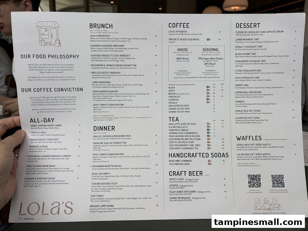 A comprehensive menu from Lola's, detailing food, beverage, and dessert offerings with prices.