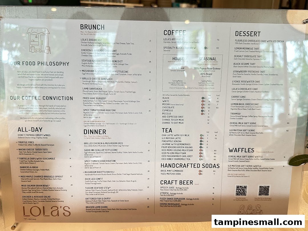 A comprehensive menu board for Lola's, featuring brunch, all-day, dinner, coffee, tea, desserts, and more.