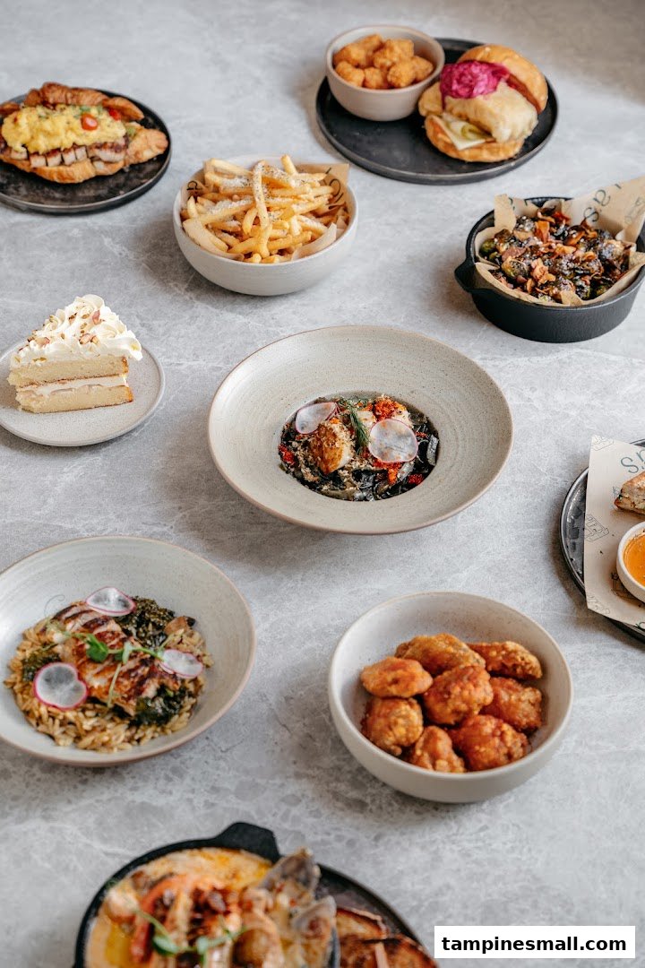 A diverse spread of delicious dishes including savory meals, fries, a burger, and a slice of cake.